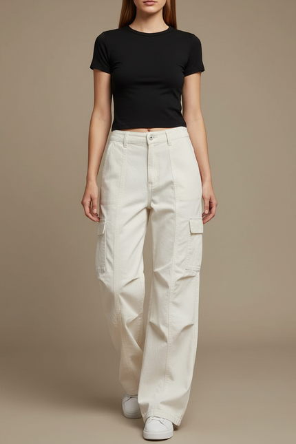 Pantalon Blanc Cargo Ample Femme Décontracté - Toile