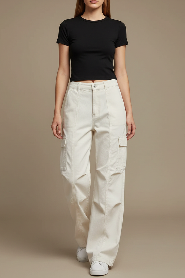 Pantalon Blanc Cargo Ample Femme Décontracté - Toile