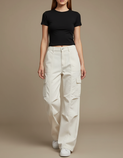 Pantalon Blanc Cargo Ample Femme Décontracté - Toile