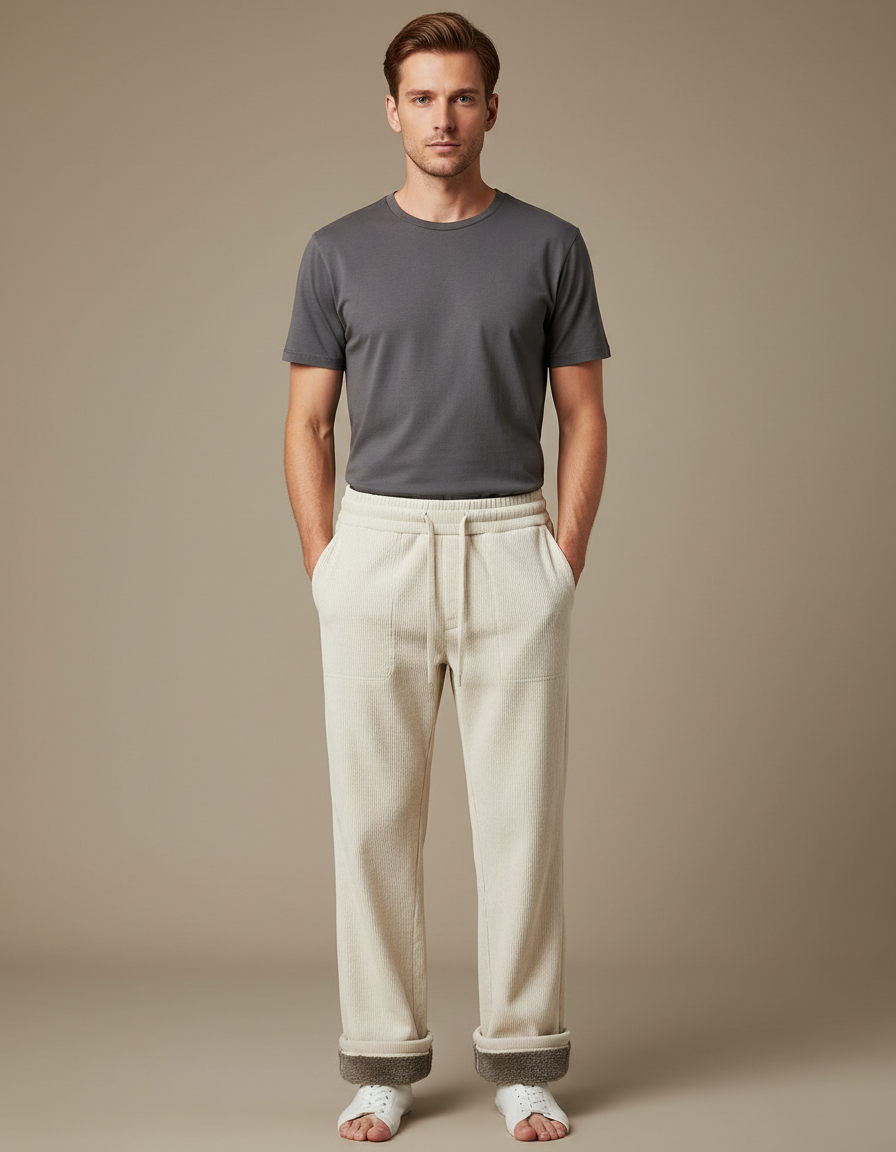 Pantalon Blanc Côtelé Décontracté Chaud Homme - Beige Cordé