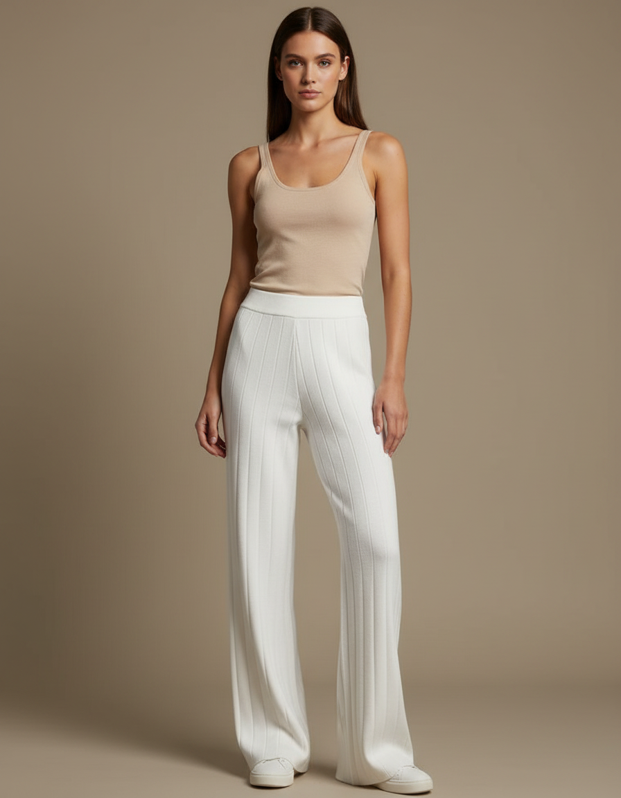 Pantalon Blanc Côtelé Évasé Tricoté Confortable Femme - Maille