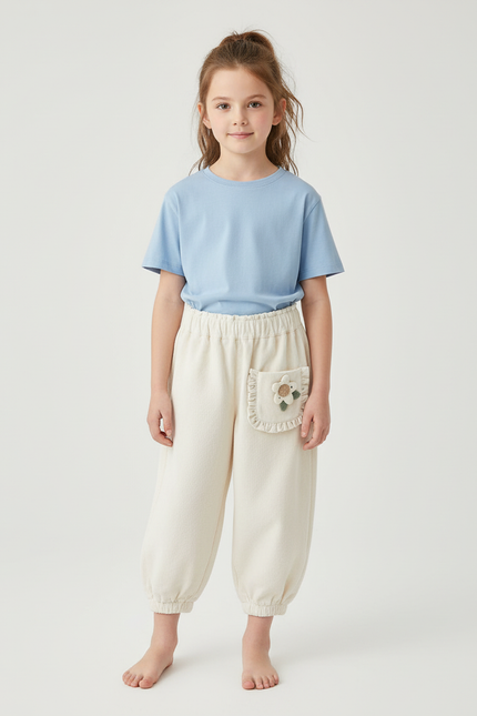 Pantalon Blanc Côtelé Ample Élastique Fleur Enfant - Beige Cordé