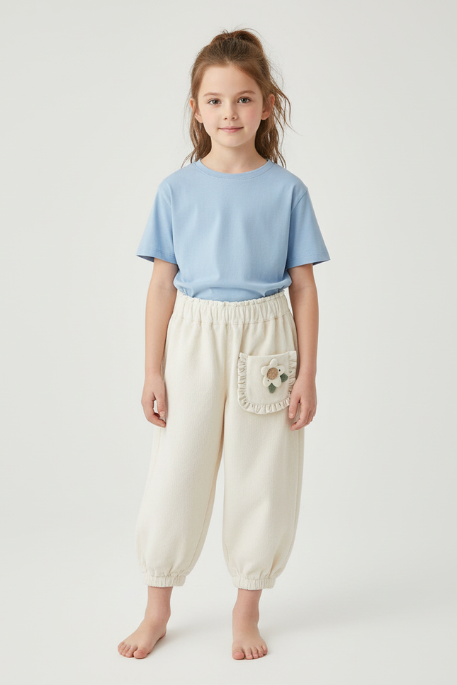 Pantalon Blanc Côtelé Ample Élastique Fleur Enfant - Beige Cordé