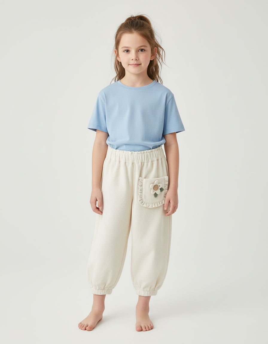 Pantalon Blanc Côtelé Ample Élastique Fleur Enfant - Beige Cordé