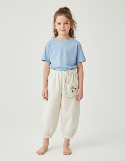 Pantalon Blanc Côtelé Ample Élastique Fleur Enfant - Beige Cordé