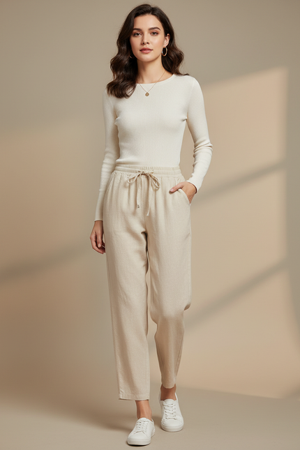 Pantalon Blanc Lin Ample Décontracté Cordon Femme - Beige