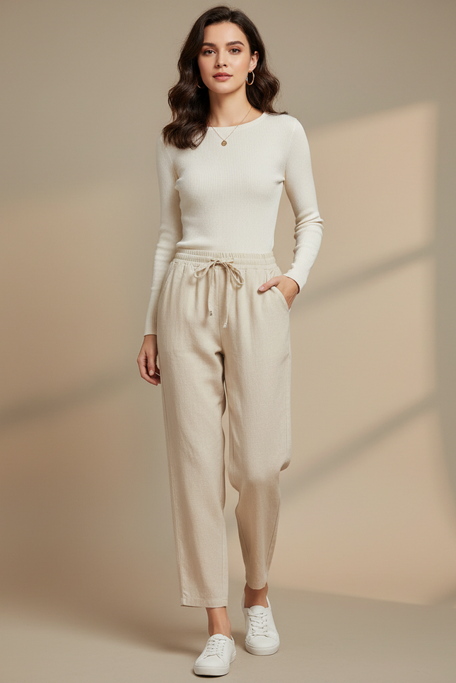 Pantalon Blanc Lin Ample Décontracté Cordon Femme - Beige