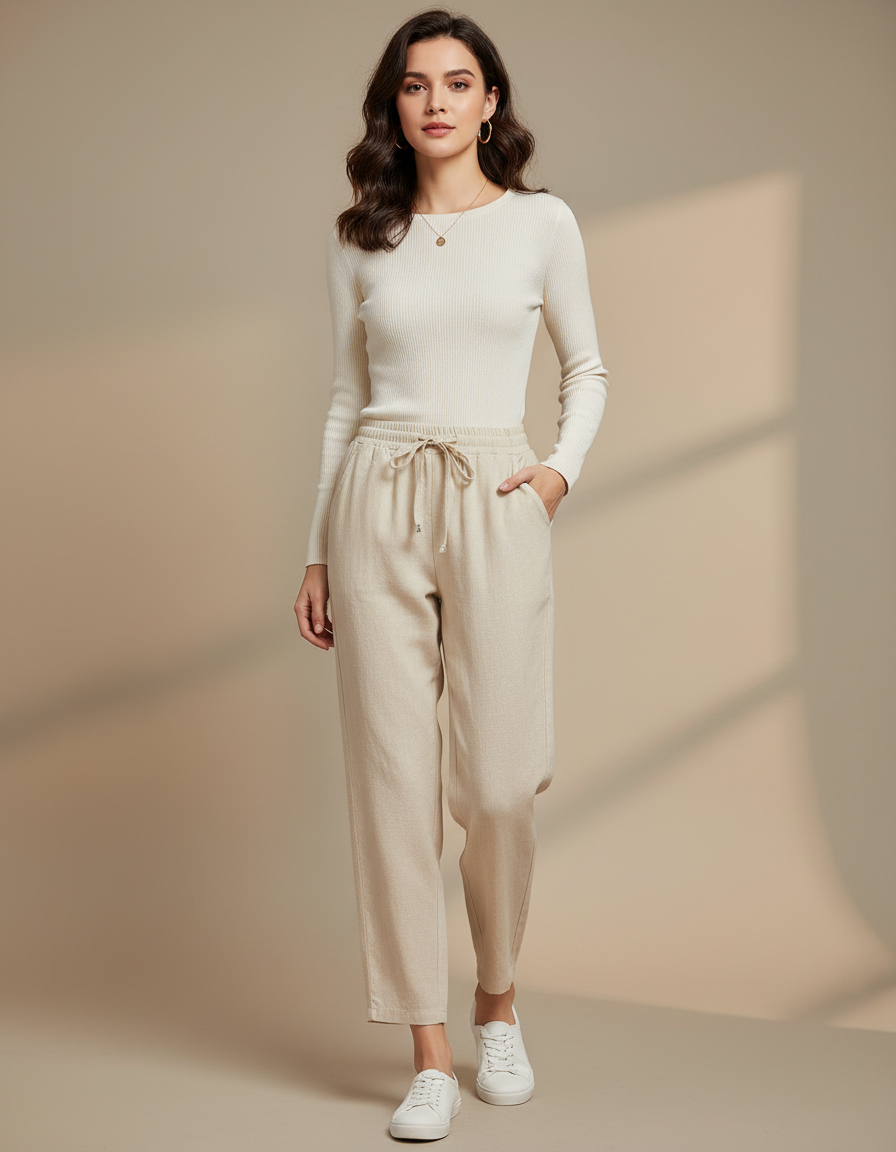 Pantalon Blanc Lin Ample Décontracté Cordon Femme - Beige