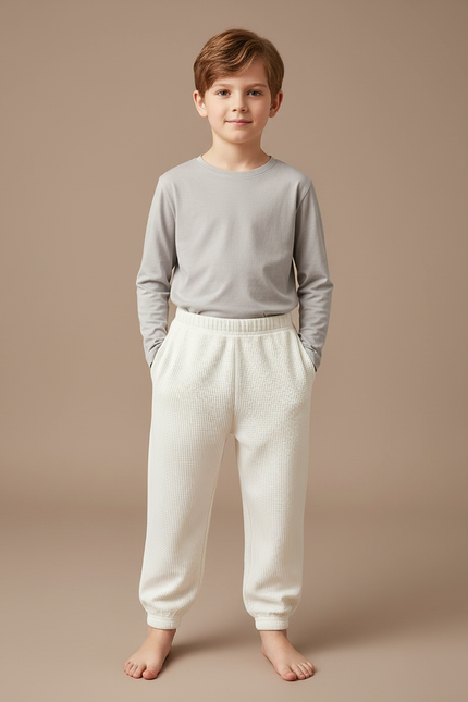 Pantalon Blanc Gaufre Décontracté Confortable Enfant - Maille