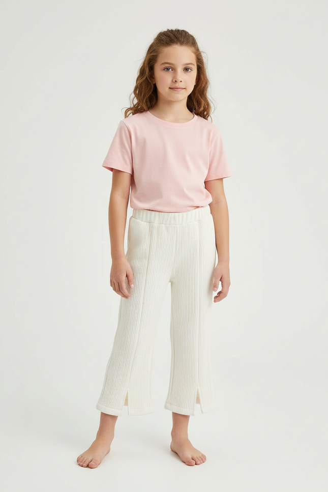 Pantalon Blanc Côtelé Fille Décontracté Fendu Ample - Maille
