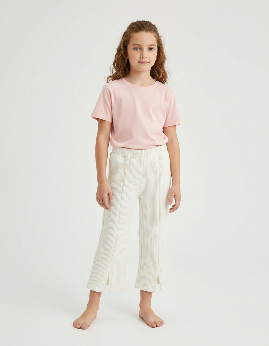 Pantalon Blanc Côtelé Fille Décontracté Fendu Ample - Maille