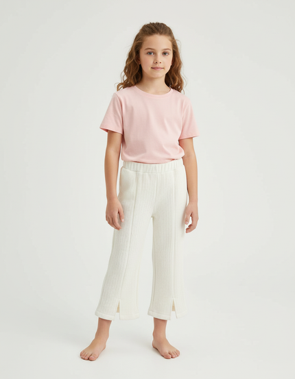 Pantalon Blanc Côtelé Fille Décontracté Fendu Ample - Maille
