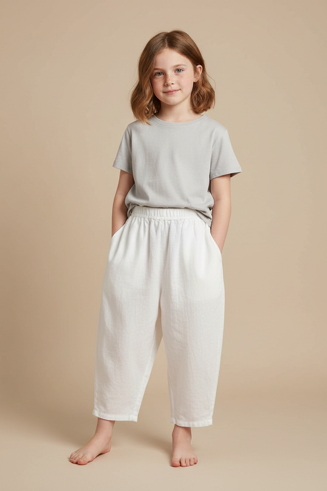 Pantalon Blanc Coton Lin Ample Enfant Décontracté Estival