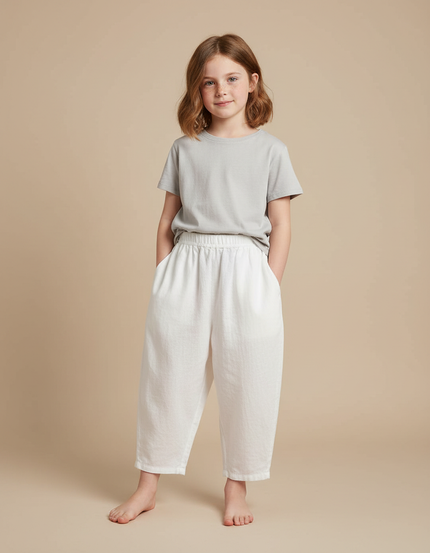 Pantalon Blanc Coton Lin Ample Enfant Décontracté Estival