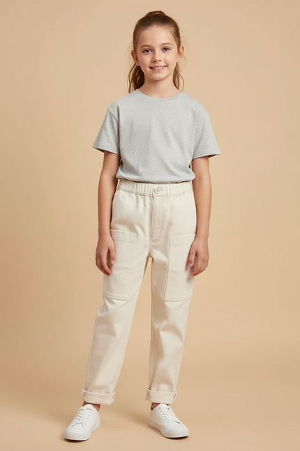 Pantalon Blanc Cargo Enfant Ample Poches Coton - Beige Toile