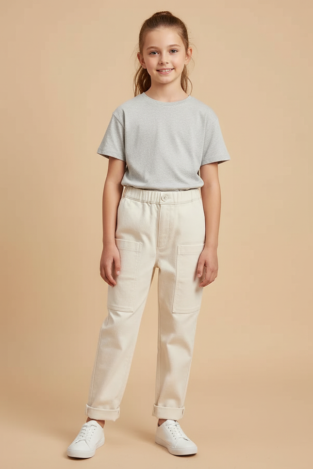 Pantalon Blanc Cargo Enfant Ample Poches Coton - Beige Toile