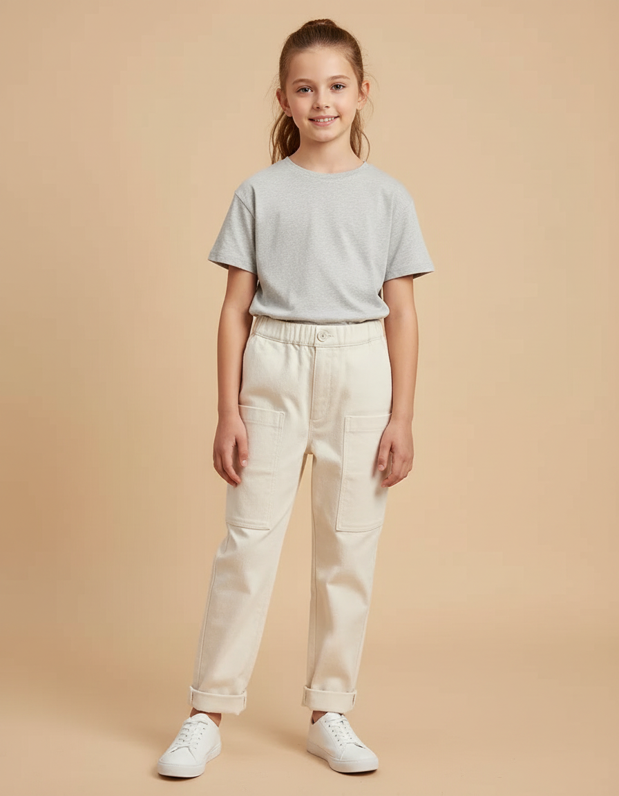 Pantalon Blanc Cargo Enfant Ample Poches Coton - Beige Toile