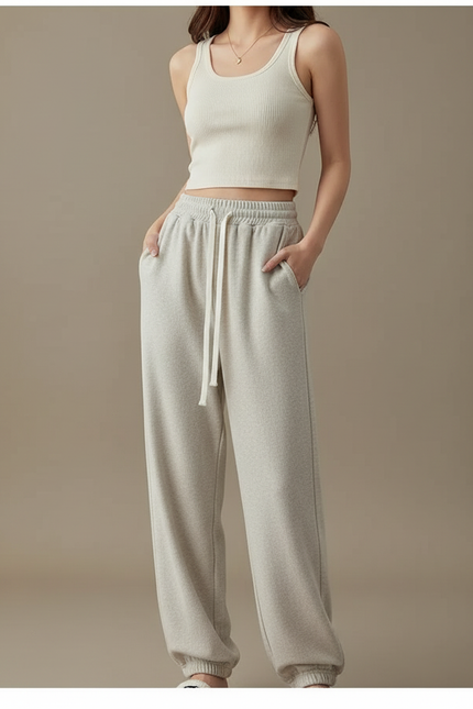 Pantalon Blanc Molletonné Ample Décontracté Cordon - Gris