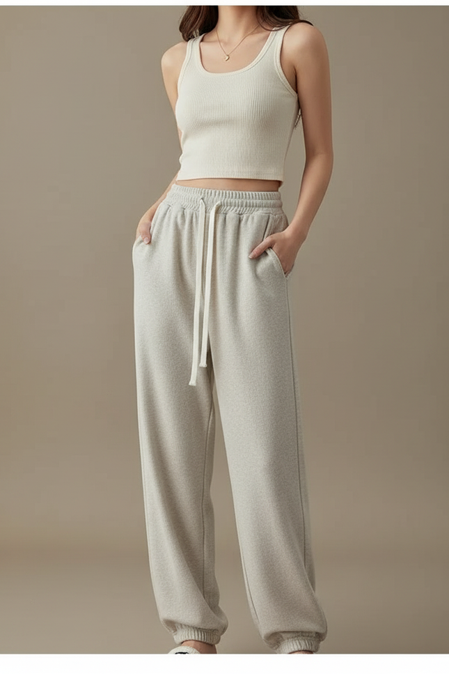 Pantalon Blanc Molletonné Ample Décontracté Cordon - Gris