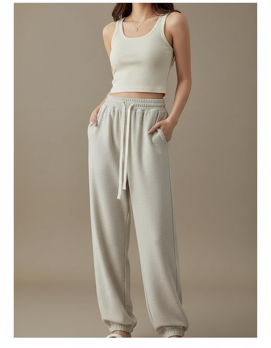 Pantalon Blanc Molletonné Ample Décontracté Cordon - Gris