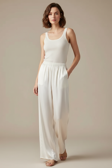 Pantalon Blanc Satin Fluide Ample Élégant Femme