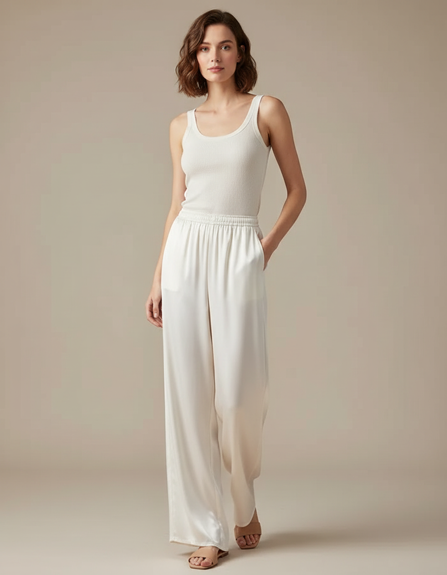 Pantalon Blanc Satin Fluide Ample Élégant Femme