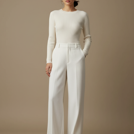 Pantalon Blanc Droit Ample Texturé Élégant Femme - Tweed