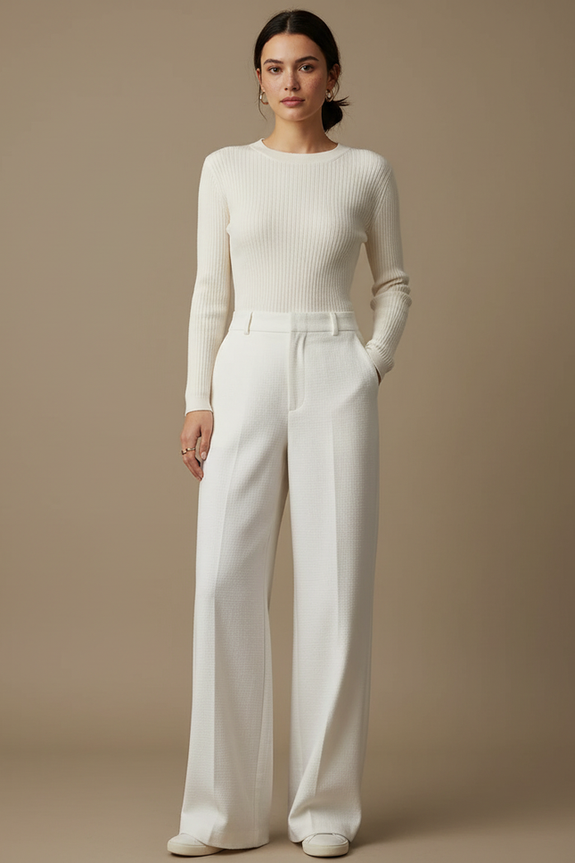 Pantalon Blanc Droit Ample Texturé Élégant Femme - Tweed