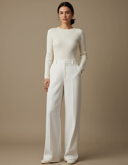 Pantalon Blanc Droit Ample Texturé Élégant Femme - Tweed