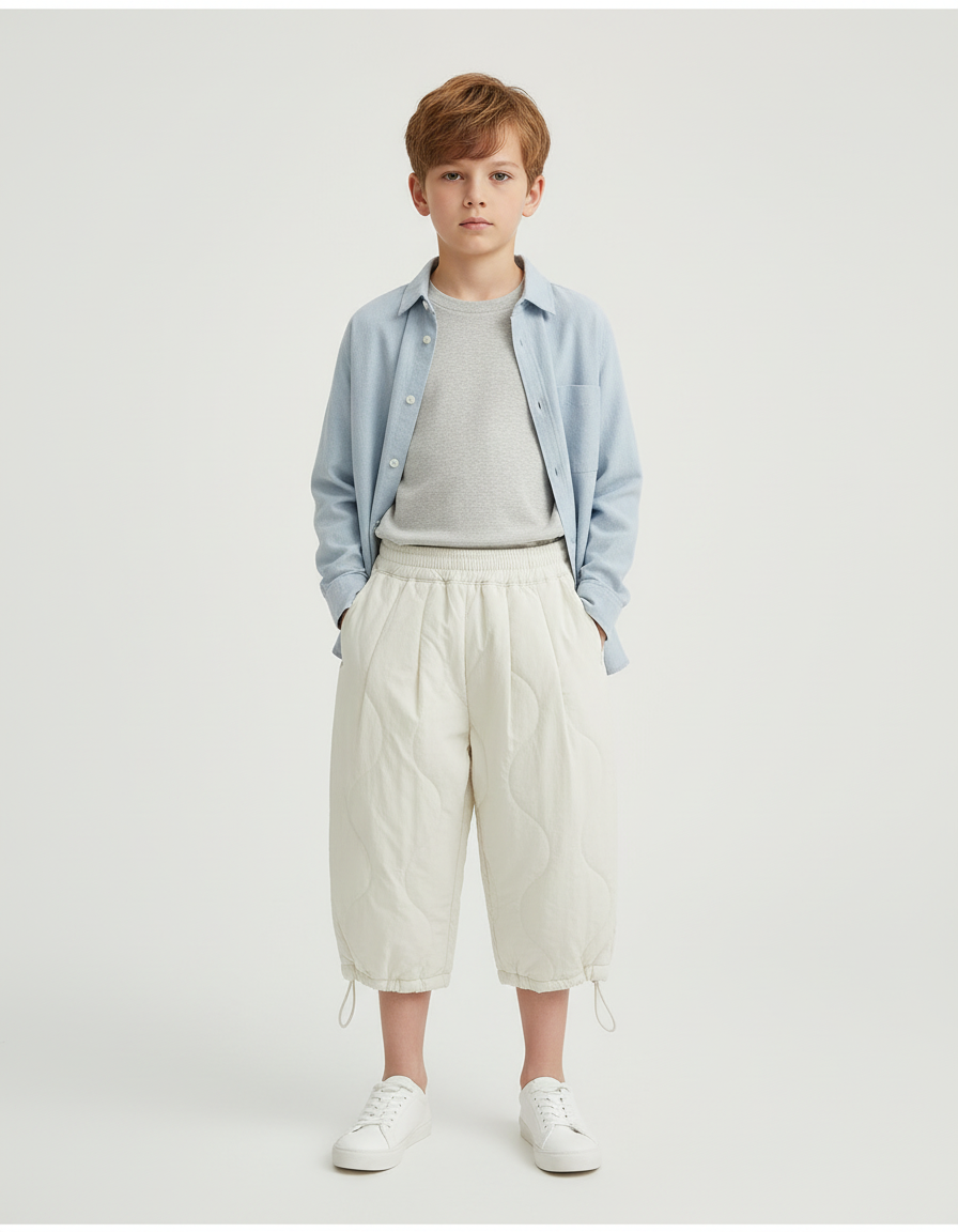 Pantalon Blanc Matelassé Ample Décontracté Enfant - Beige Molleton
