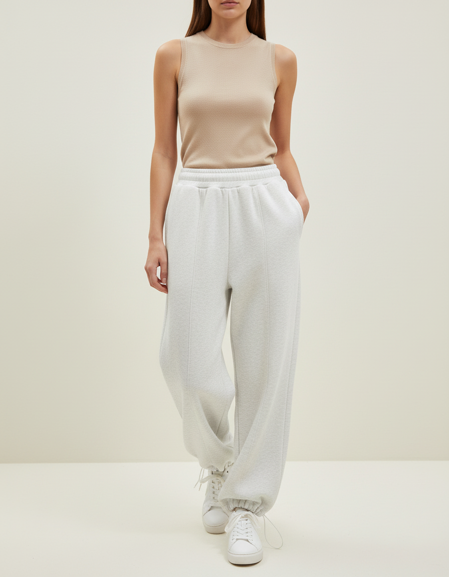 Pantalon Blanc Gris Ample Décontracté Molletonné