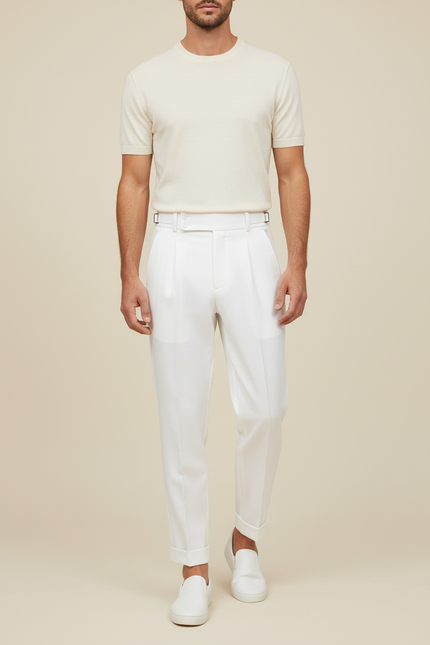 Pantalon Blanc Plissé Droit Homme Élégant Décontracté - Gabardine