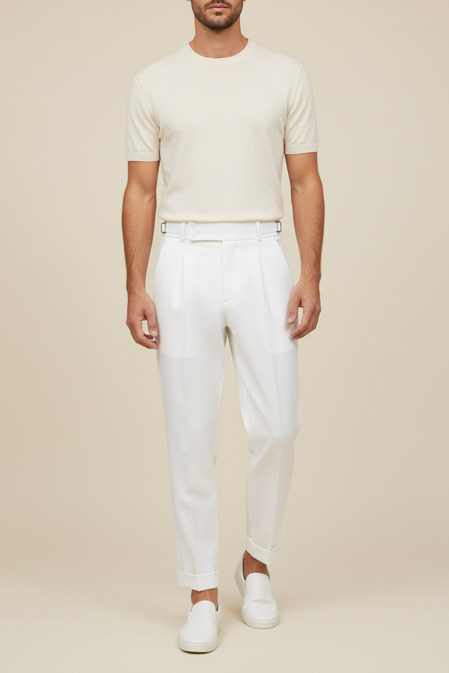 Pantalon Blanc Plissé Droit Homme Élégant Décontracté - Gabardine