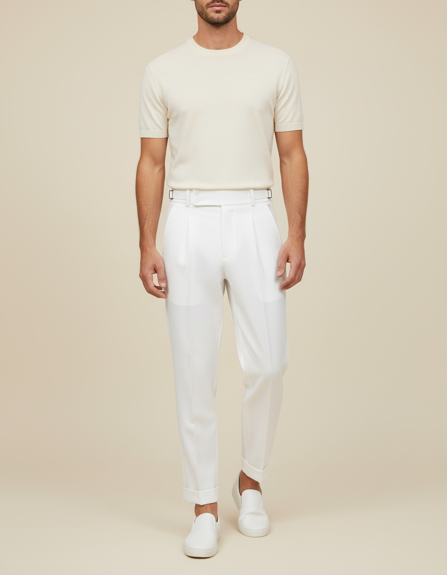 Pantalon Blanc Plissé Droit Homme Élégant Décontracté - Gabardine