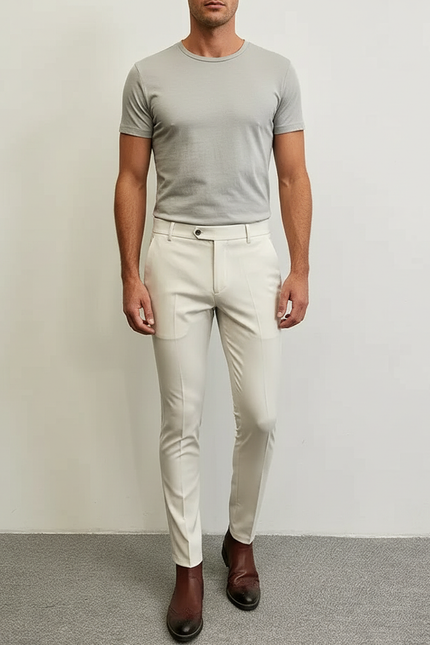Pantalon Blanc Slim Homme Tissu Élégant Chino - Beige Gabardine