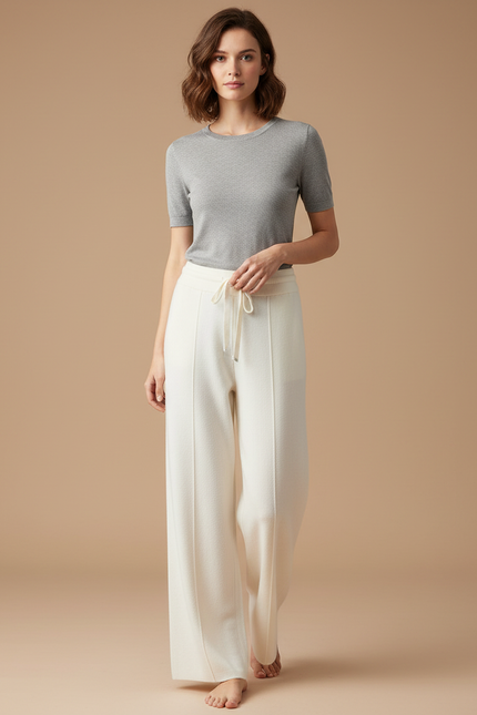 Pantalon Blanc Tricoté Taille Haute Large Décontracté - Maille