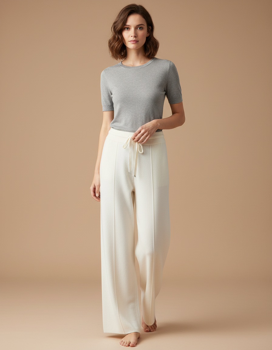 Pantalon Blanc Tricoté Taille Haute Large Décontracté - Maille
