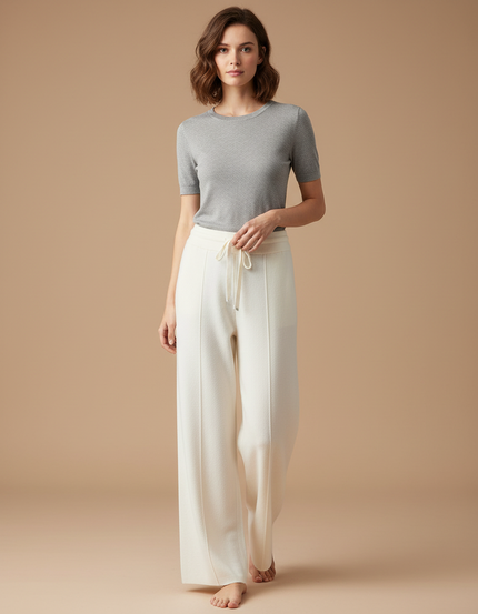Pantalon Blanc Tricoté Taille Haute Large Décontracté - Maille