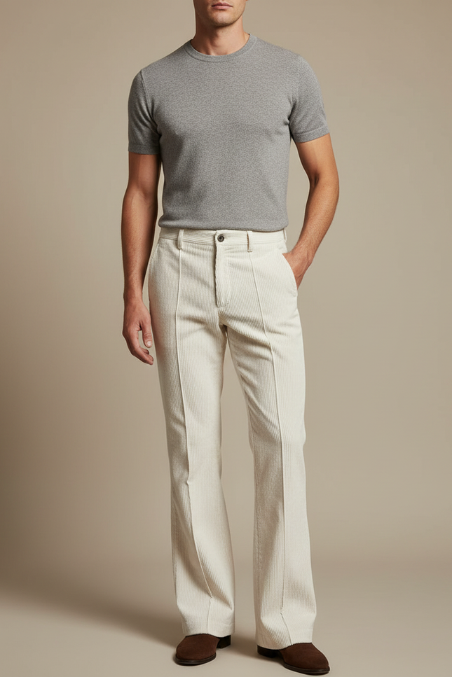 Pantalon Blanc Côtelé Évasé Vintage Homme Élégant - Beige Cordé