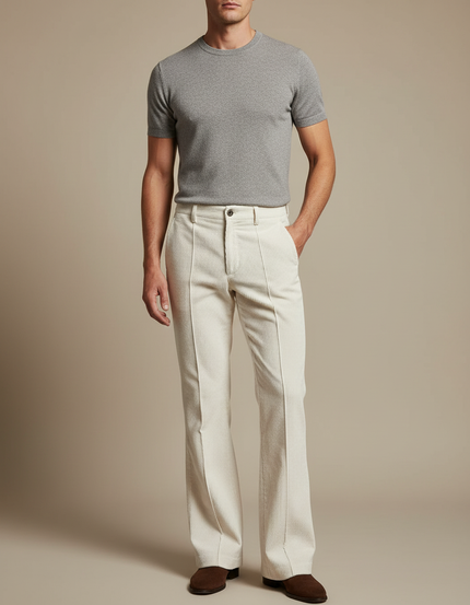 Pantalon Blanc Côtelé Évasé Vintage Homme Élégant - Beige Cordé