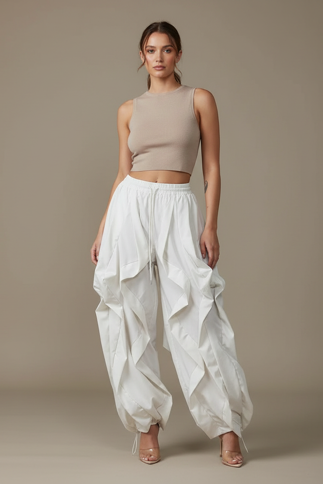 Pantalon Blanc Cargo Ample Plissé Femme - Polyester