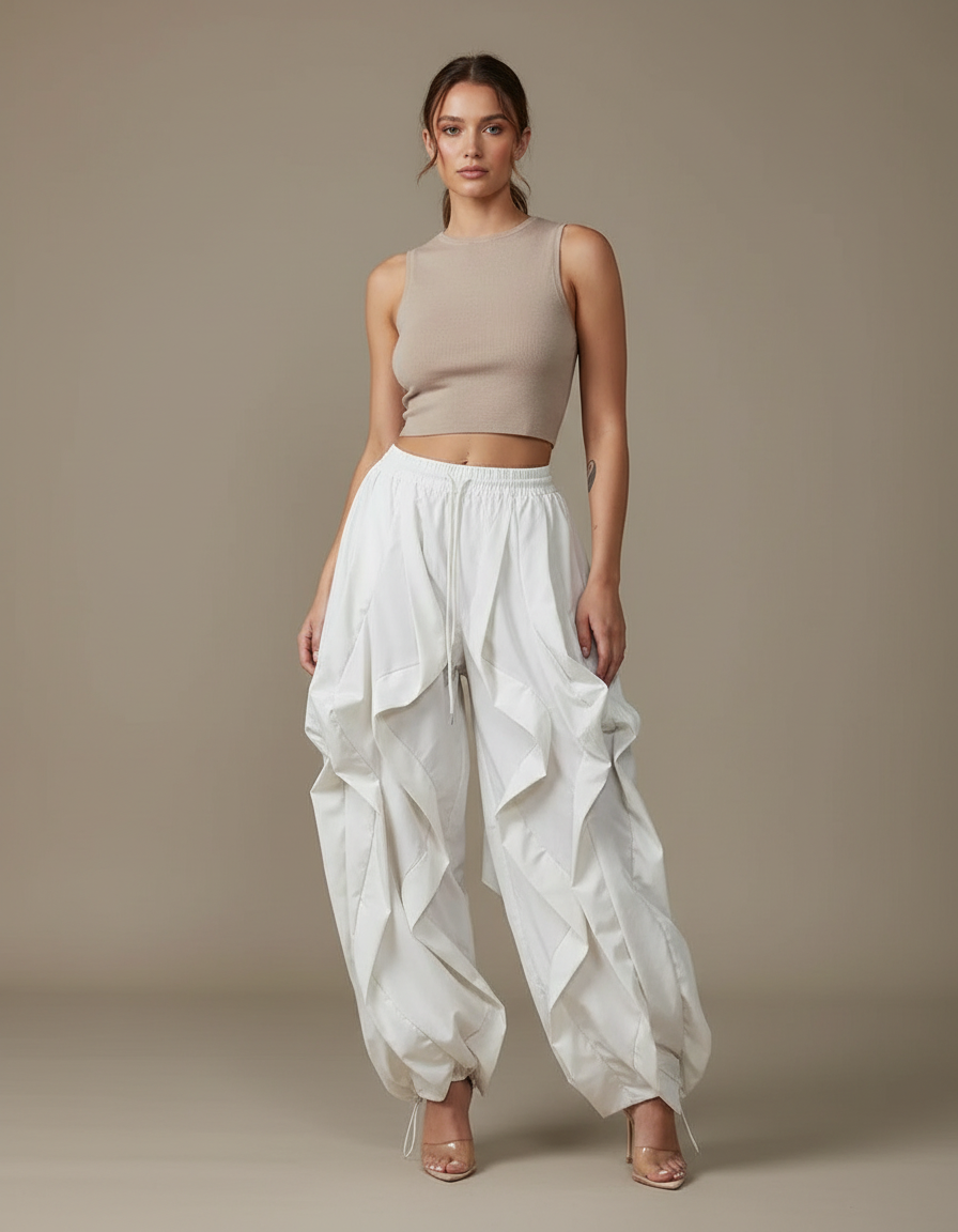 Pantalon Blanc Cargo Ample Plissé Femme - Polyester
