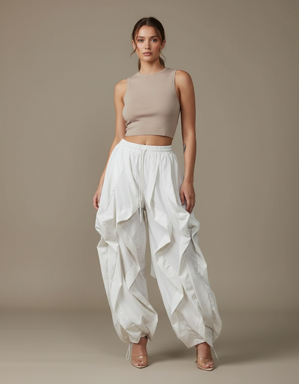Pantalon Blanc Cargo Ample Plissé Femme - Polyester