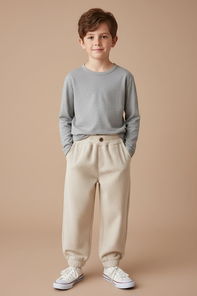 Pantalon Blanc Côtelé Ample Décontracté Enfant Hiver - Beige Cordé