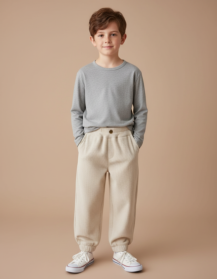 Pantalon Blanc Côtelé Ample Décontracté Enfant Hiver - Beige Cordé