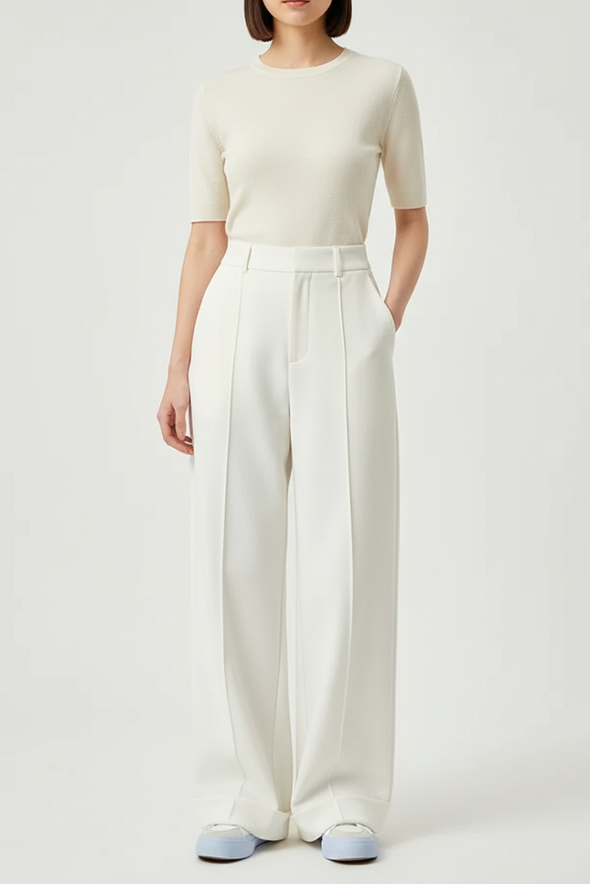 Pantalon Blanc Ample Fluide Élégant Décontracté - Polyester
