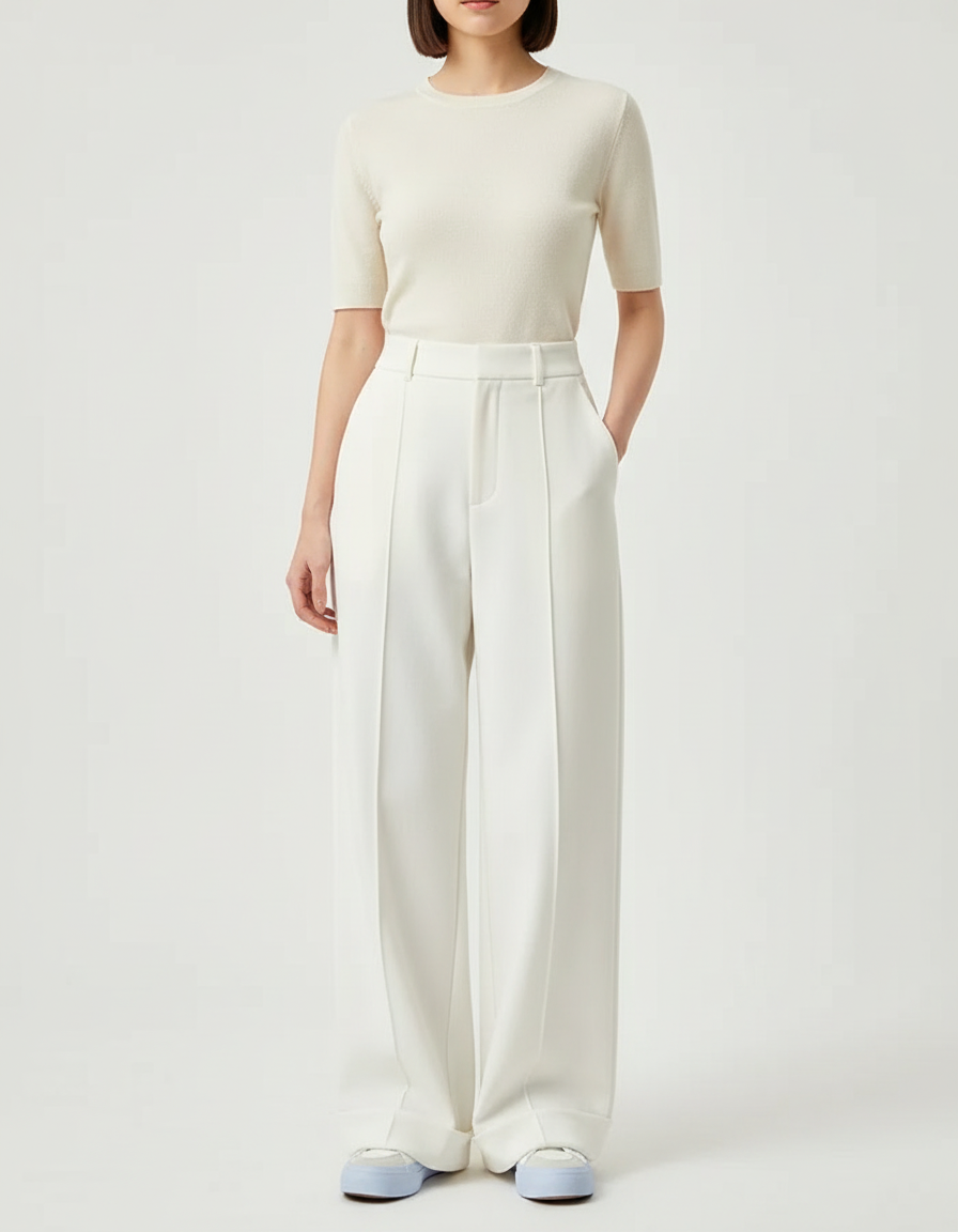 Pantalon Blanc Ample Fluide Élégant Décontracté - Polyester