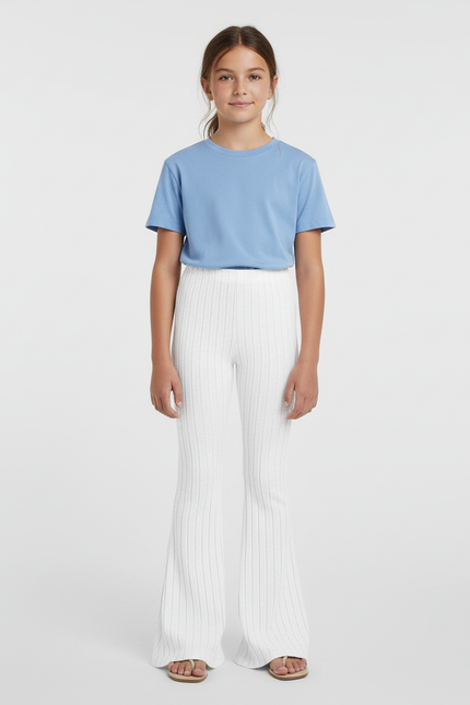Pantalon Blanc Côtelé Évasé Tricoté Fille - Maille