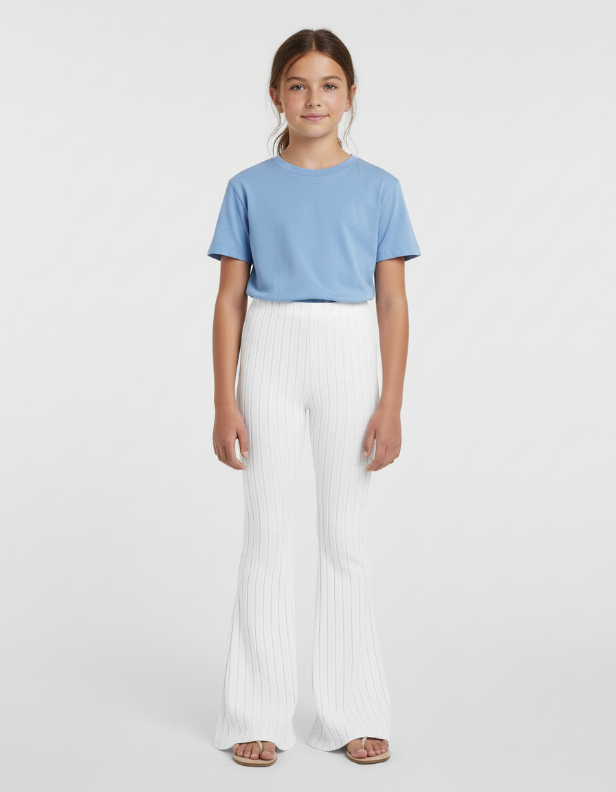 Pantalon Blanc Côtelé Évasé Tricoté Fille - Maille