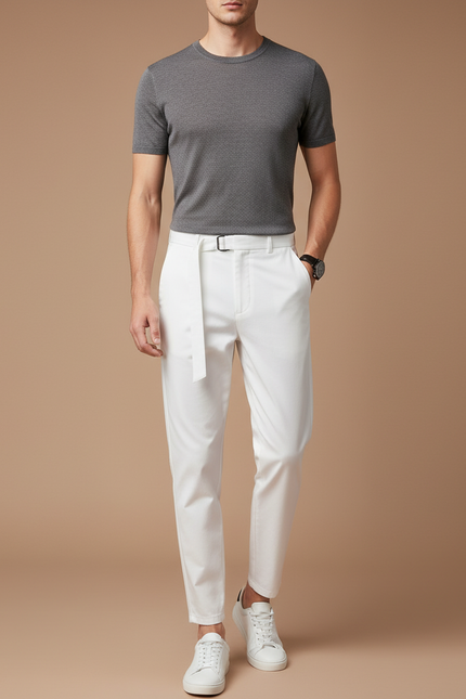 Pantalon Blanc Homme Élégant Ceinture Décontracté Slim - Gabardine